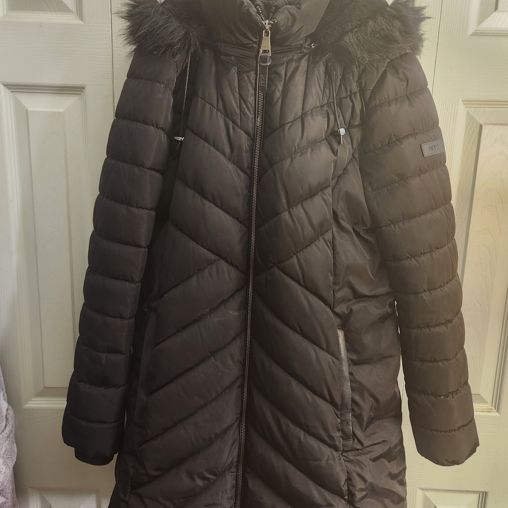 Women's Black Quilted Coat with Fur Hood